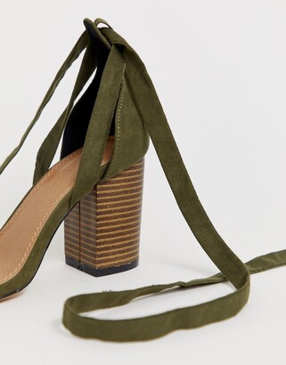 ASOS DESIGN DESIGN Wide Fit Howling tie leg heeled sandals in khaki