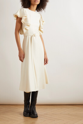 Chloé - Belted Ruffled Silk And Wool-blend Midi Dress - White