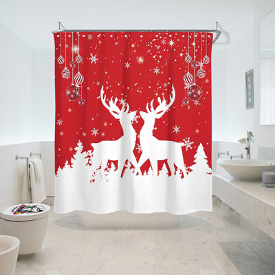 Christmas Elk Shower Curtain, Merry Christmas Reindeer Red Shower Curtains For Bathroom, Cute Winter Farmhouse Holiday New Year Bathroom Home Decor, W