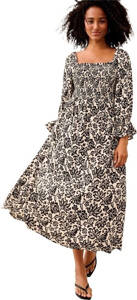 Ellos EllosSmockedBodiceSquareNeckMidiDress-22/24IvoryBlackFloral