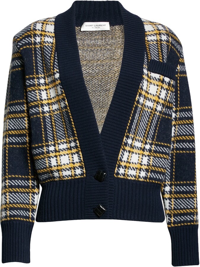 Saint Laurent Tartan Plaid Jacquard Wool Blend Cardigan - ShopStyle