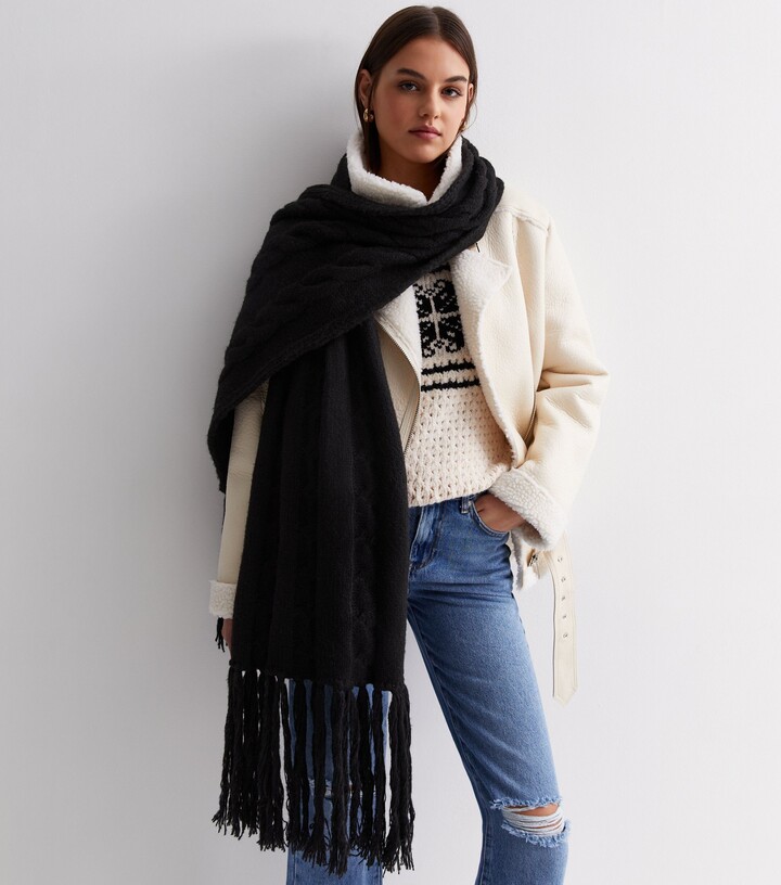 New Look Black Chunky Knit Oversized Tassel Scarf ShopStyle