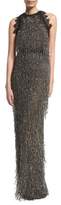 Thumbnail for your product : Naeem Khan High-Neck Sleeveless Fringe-Beaded Column Evening Gown