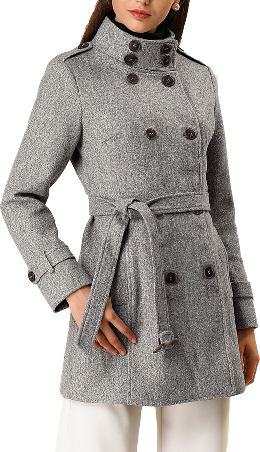 Unique Bargains Juniors Stand Collar Double Breasted Mid Length Trenchcoat Outerwear Coats L Gray
