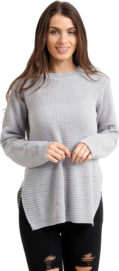 Generation Fashion Ladies Women's Long Sleeve Knitted Round Neck Smart  Formal Everyday Casual Classy Lightweight Plain Knitwear Side Split Jumper  Pullover Top Sweater Grey - ShopStyle