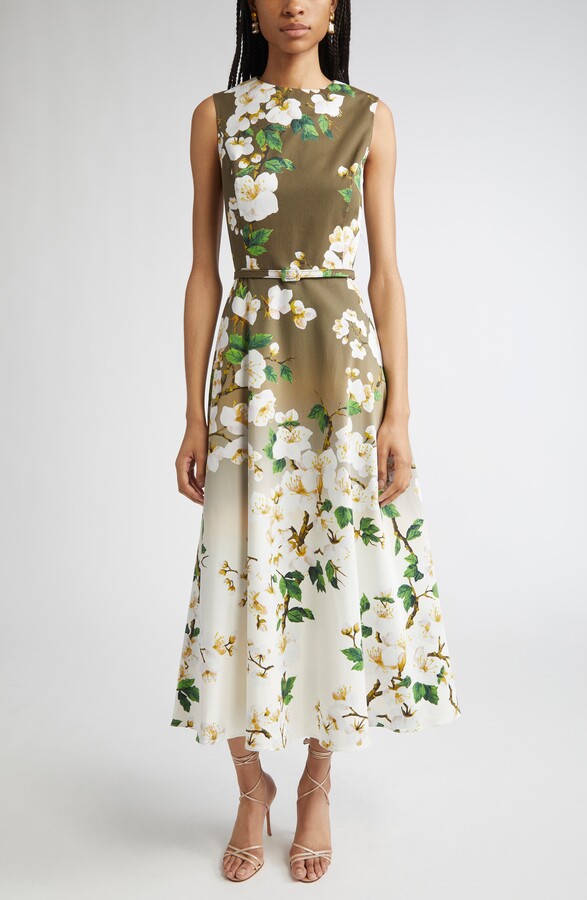 Ombré Cherry Blossom Belted Poplin Midi Dress