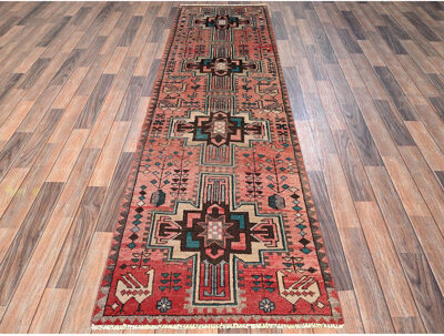 Dakota Fields 2'6"x9'2" Coral Pink, Vintage Northwest Persian with Distinct Abrash and Bird Figurines, Sheared Low, Zero Pile, Sides and Ends Professionally Secured