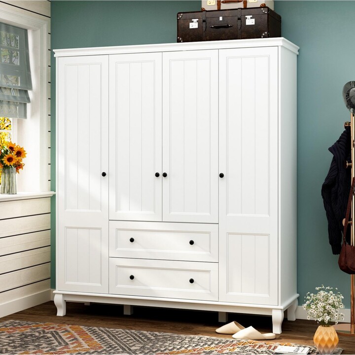 Homsee Modern Nordic style minimalist 4-door 2-drawer armoire, white wardrobe, bedroom closet