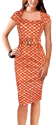 REPHYLLIS Women Square-Neck Houndstooth Business Cocktail Party Bodycon Dress S