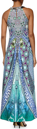Ranna Gill Sleeveless Beaded-Neck Geometric-Print Maxi Dress