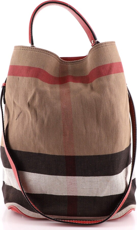 Burberry Red/Beige House Check Canvas and Leather Ashby Bucket Bag