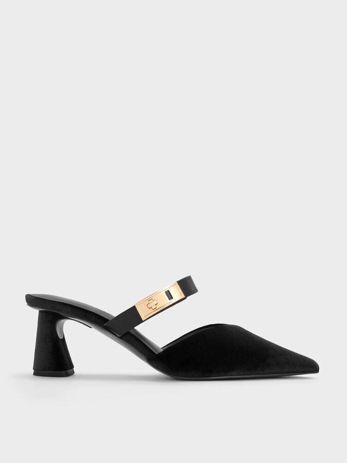 Charles & Keith Lando Velvet Pointed-Toe Metallic-Buckle Heeled Mules