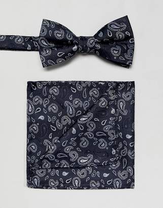 Selected Bow Tie And Pocket Square Set In Navy Paisley