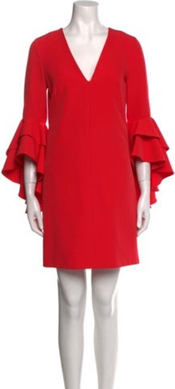 Milly Shift Dress Pink Ruffle & Keyhole Accents Three-Quarter Sleeve with V-Neck Concealed Zip Closure at Back Designer