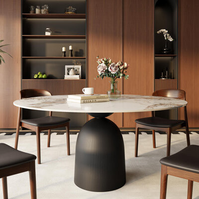 Modern Dining Table Round Black Sintered Stone Dining Table 53" Colorful With Solid Wood Pedestal For 6(only table)