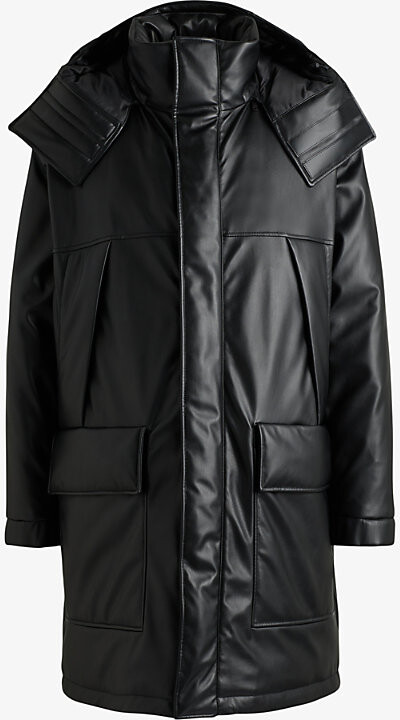 HUGO BOSS Mens Black Embossed-Logo Longline Faux Leather-Down Jacket L