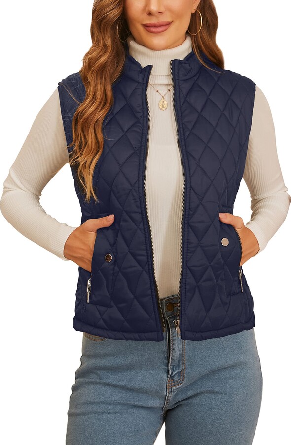 Achinel Women's Quilted Gilet Lightweight Padded Vest Stand Collar Zip