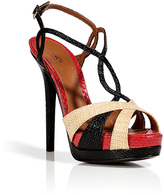Thumbnail for your product : Fendi Sand/Black/Scarlet Raffia/Embossed Leather Platform Sandals