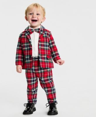 First Impressions Baby Boys North Pole Cotton Flannel Blazer Bowtie Bodysuit Plaid Pants Set Macys Exclusive