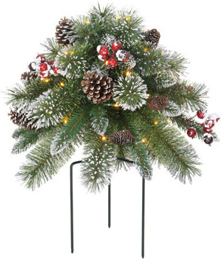 18" B/O Snowy Urn Filler, 48 Tips, 35 Warm White LED Lights,(3 X AA Batteries Not Included), 6/18 Hours On/Off Time Function, Pine Cones & Berries