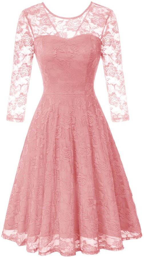 JASAMBAC Womens Vintage Floral Lace Dresses 3/4 Sleeve Midi Formal