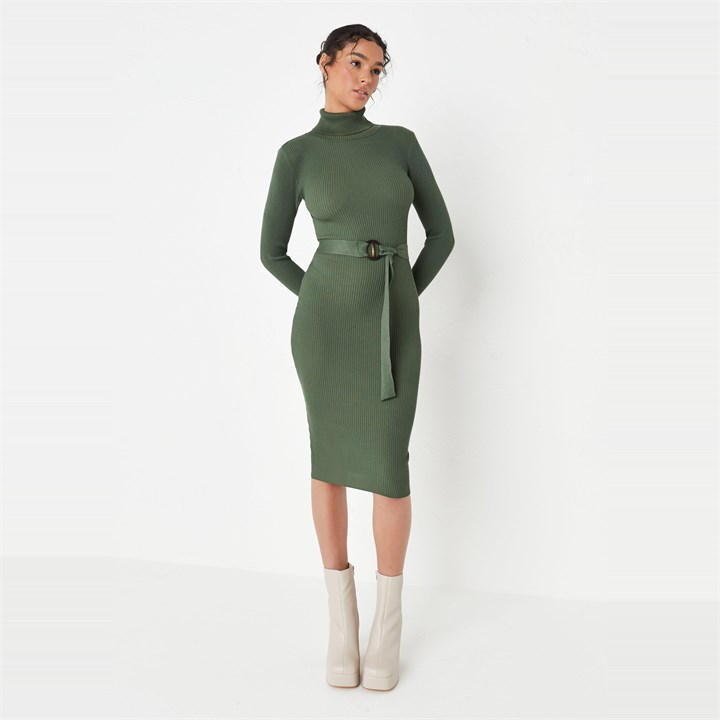 Missguided Rib Roll Neck Belted Knit Midi Dress ShopStyle