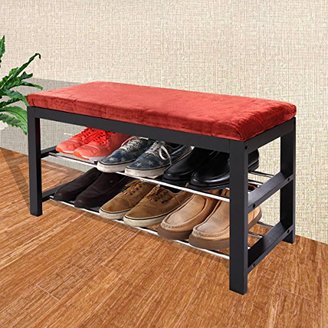 JAXPETY Black / Red Micro Fabric Shoe Rack Storage Organizer & Hallway Bench