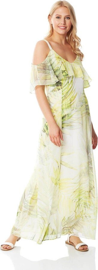 Roman Originals Leaf Print Cold Shoulder Maxi Dress for Women UK