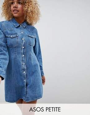 ASOS Petite DESIGN Petite denim fitted western shirt dress with seam detail in midwash blue