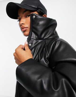 Topshop faux leather cropped puffer jacket in black ShopStyle