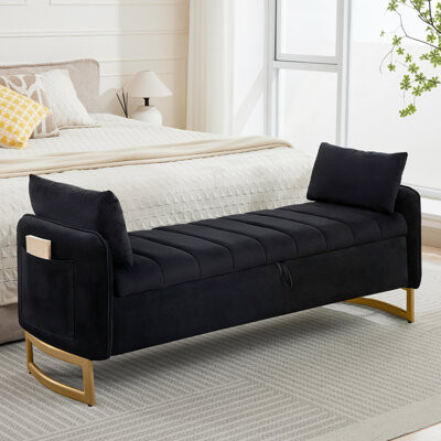 66"W Modern Velvet Tufted Storage Bench with Gold Legs and Two Pillows