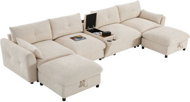 Latitude Run [VIDEO] 136" Modular U-Shaped Chenille Sectional Sofa with Console, Cup Holder, USB Charger, Movable Ottoman, Pull-Line&Tufted Design - Oversized for