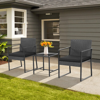 Ebern Designs 3pcs Patio Furniture Set Heavy Duty Cushioned Wicker Rattan Chairs Table Outdoor