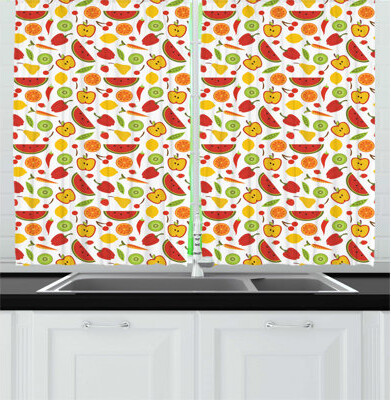 East Urban Home Food Cartoon Pattern of Pepper Apple Watermelon Kiwi Carrot Cherry Peas Orange Lemon Kitchen Curtains