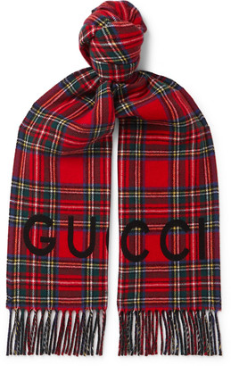 Gucci Logo-Print Checked Wool And Cashmere-Blend Scarf