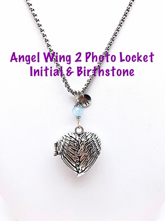 Personalized Angel Wings Photo Locket Birthstone & Initial Necklace, Wing Memory Gift