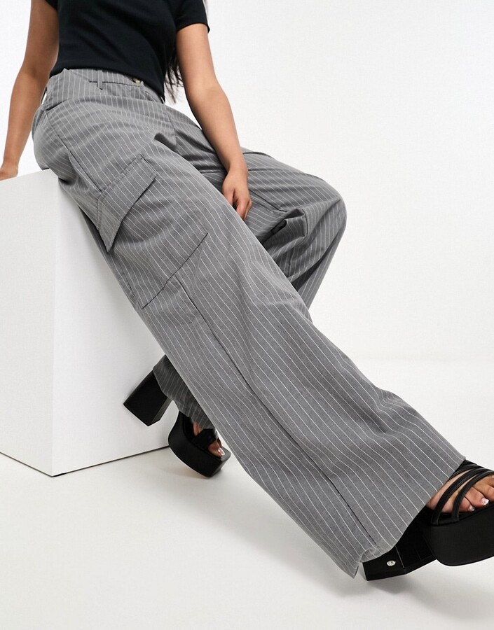 Don't Think Twice DTT Del high waisted cargo trousers in grey pinstripe ...