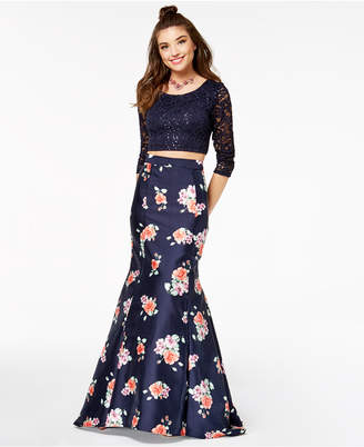 Juniors' 2-Pc. Sequined Lace & Floral-Print Gown