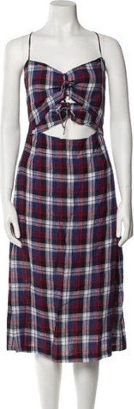 Rachel Comey Linen Slip Dress Blue & Red Plaid Print Sleeveless with V-Neck Concealed Zip Closure at Front Designer