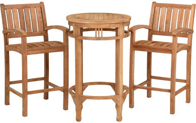 Chic Teak Teak Wood Bistro Bar Set Including Round Orleans Bar Table And Abacho Barstools With Arms