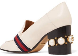Gucci Logo And Faux Pearl-embellished Leather Collapsible-heel Pumps - Off-white