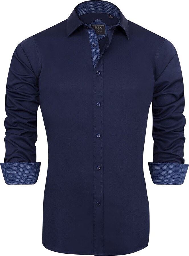 J.VER Men's Navy Blue Dress Shirt Long Sleeve Regular Fit Stretch