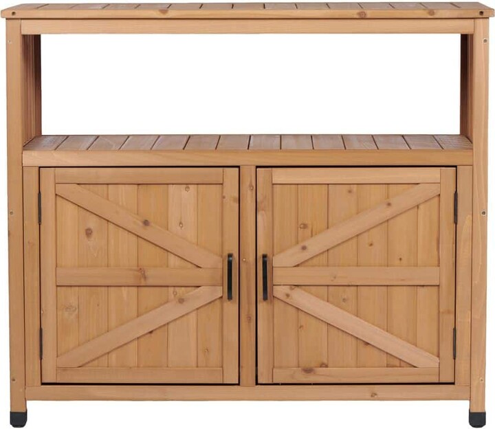 CASTNOO Rectangular Wood Outdoor Side Table, Patio Bar Table Buffet Sideboard with 2-Doors and Storage Shelf in Light Brown