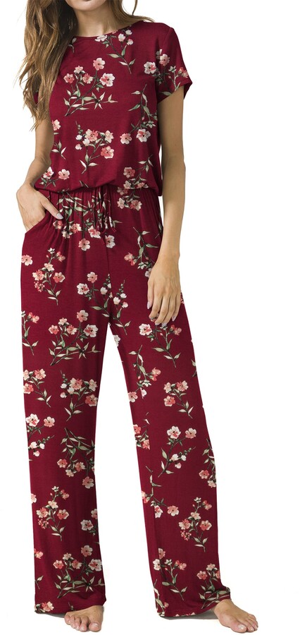 ZHENBAO Womens Floral Printed Jumpsuit Casual O Neck Loose Short Wide Legs Pants Jumpsuit Rompers with Pockets 