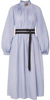 Tibi - Isabelle Belted Pleated Striped Poplin Midi Dress - Sky blue