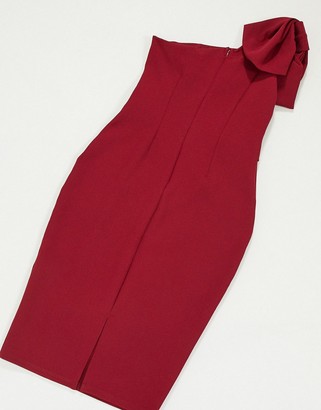 Lipsy bow detail midi dress with one shoulder in magenta