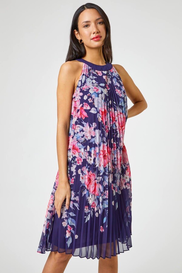 Womens Sleeveless Dress Sale Adjustable Strappy Elegant Print Summer Pleated Swing Dress 