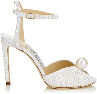 Jimmy Choo SACORA 100 White Satin Sandals with All Over Pearls