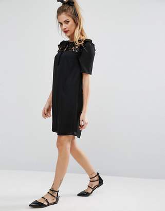 Fashion Union Short Sleeve Dress With Lace Panel And Tie Up Bow Neck