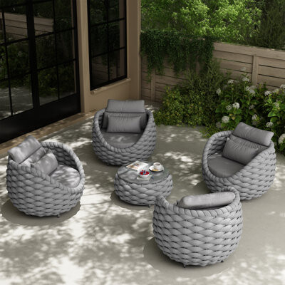 Red Barrel Studio Wicker Outdoor Patio Chair With Cushions And Accent Pillow And Patio Table